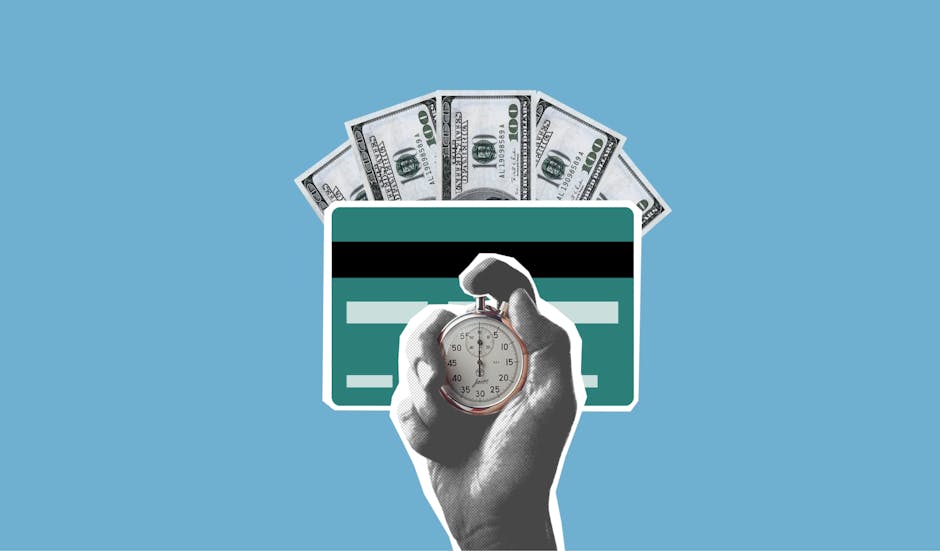 referral marketing news - Cut out paper composition of stopwatch in hand of man waiting for money credited to credit card on blue background